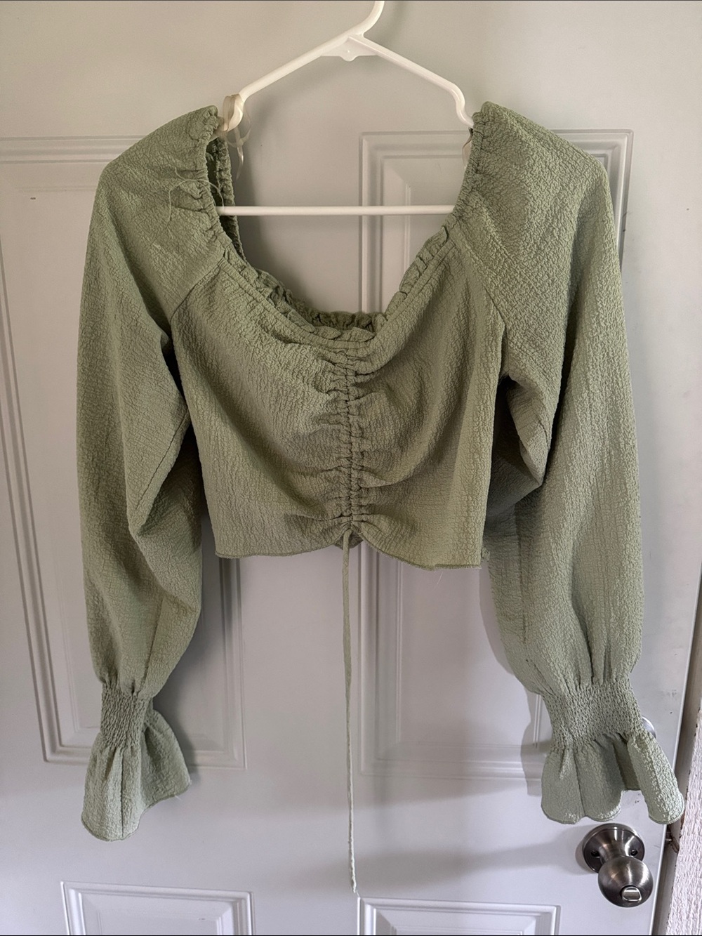 Smocked Sage Green Long-Sleeve Cropped Top by